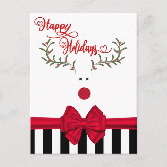 Funny whimsy holly reindeer red bow  holiday card (Front)