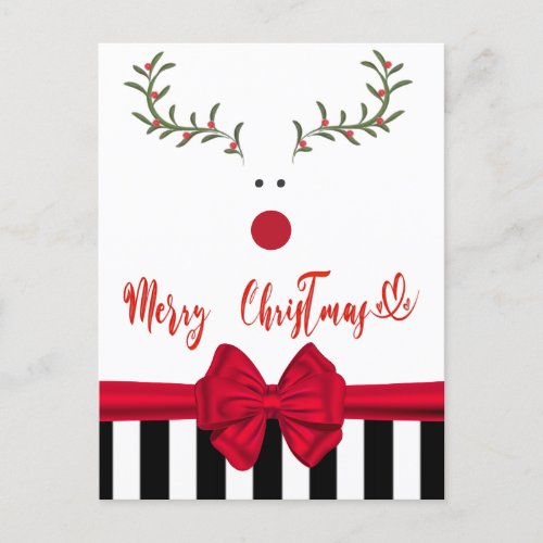 Funny whimsy holly reindeer red bow  holiday card