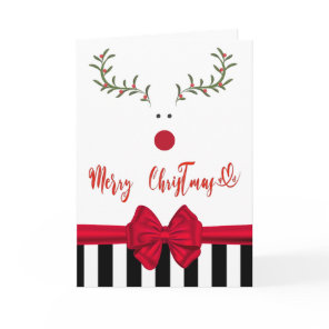 Funny whimsy holly reindeer red bow  holiday card