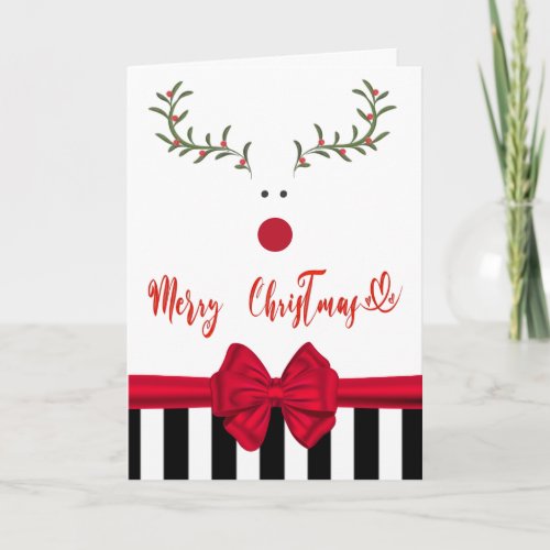 Funny whimsy holly reindeer red bow  holiday card