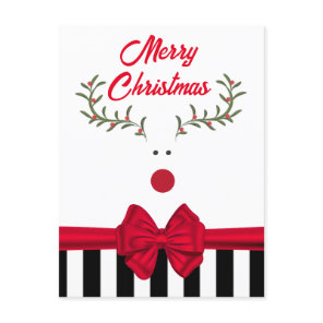 Funny whimsy holly reindeer red bow holiday card