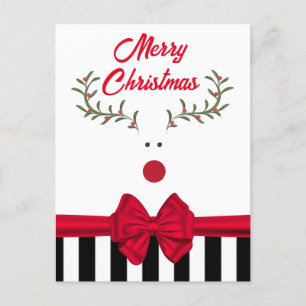 Funny whimsy holly reindeer red bow  holiday card