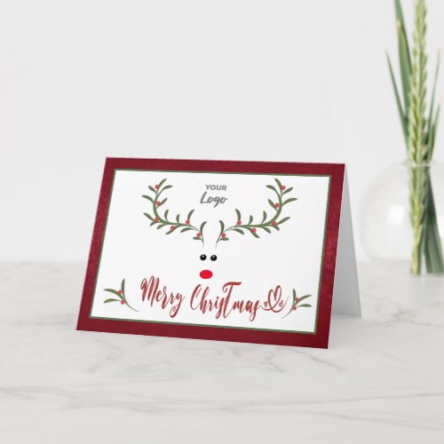 Funny whimsy holly reindeer Red company logo Holid Holiday Card