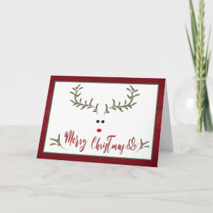 Funny whimsy holly reindeer Red non photo Holiday  Card