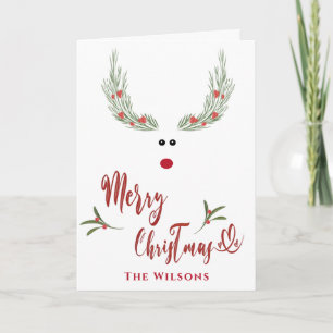 Funny whimsy holly reindeer Red non photo Holiday Card