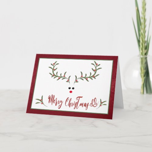 Funny whimsy holly reindeer Red non photo Holiday Card