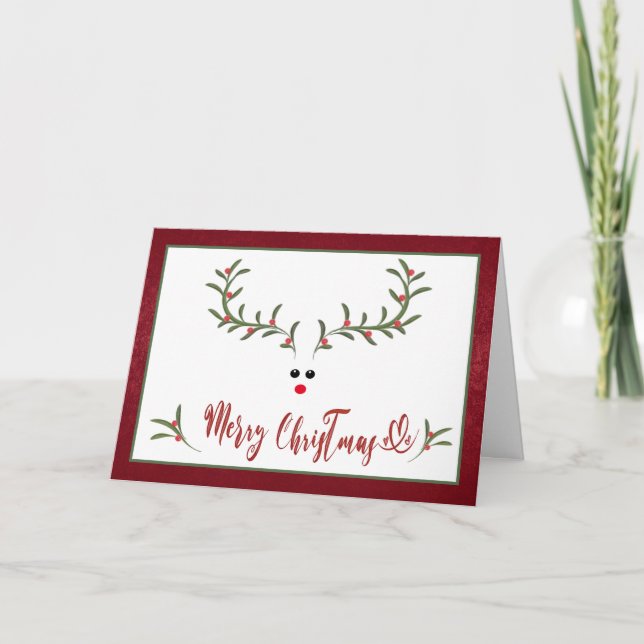 Funny whimsy holly reindeer Red non photo Holiday Card (Front)
