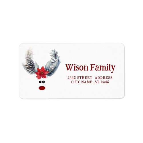 Funny whimsy poinsettia reindeer holiday label