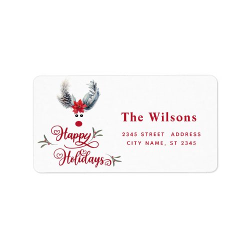 Funny whimsy poinsettia reindeer Holiday  Label