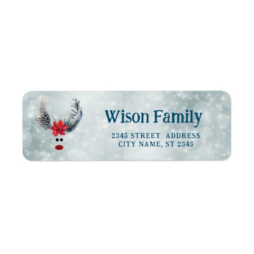 Funny whimsy poinsettia reindeer holiday label