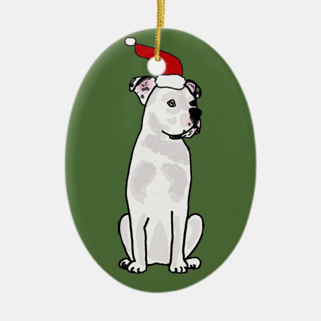 Funny White American Bulldog Christmas Design Ceramic Ornament (Front)