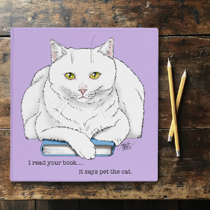 Funny White Cat Book Reading Humor Purple 3 Ring Binder
