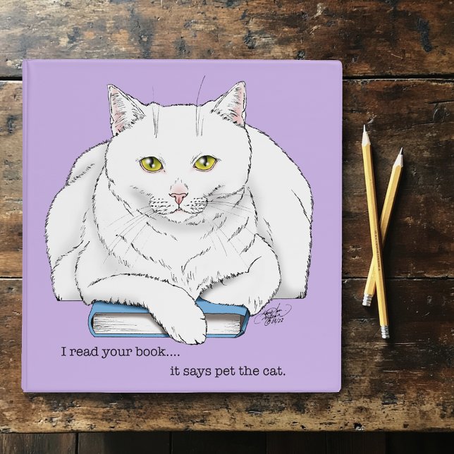 Funny White Cat Book Reading Humor Purple 3 Ring Binder (Creator Uploaded)