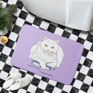 Funny White Cat Book Reading Humor Purple Bath Mat