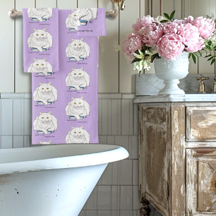 Funny White Cat Book Reading Humor Purple Bath Towel Set