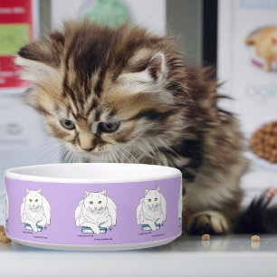 Funny White Cat Book Reading Humor Purple Bowl