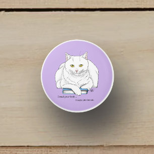 Funny White Cat Book Reading Humor Purple Ceramic Knob