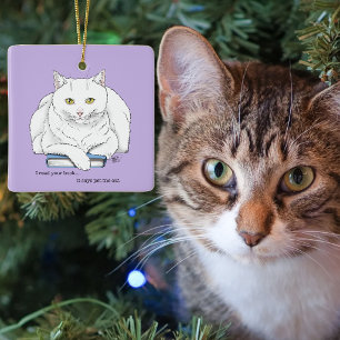 Funny White Cat Book Reading Humor Purple Ceramic Ornament