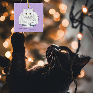 Funny White Cat Book Reading Humor Purple Ceramic Ornament