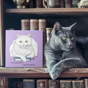 Funny White Cat Book Reading Humor Purple Ceramic Tile