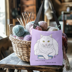 Funny White Cat Book Reading Humor Purple Crossbody Bag