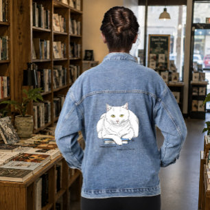 Funny White Cat Book Reading Humor Purple Denim Jacket