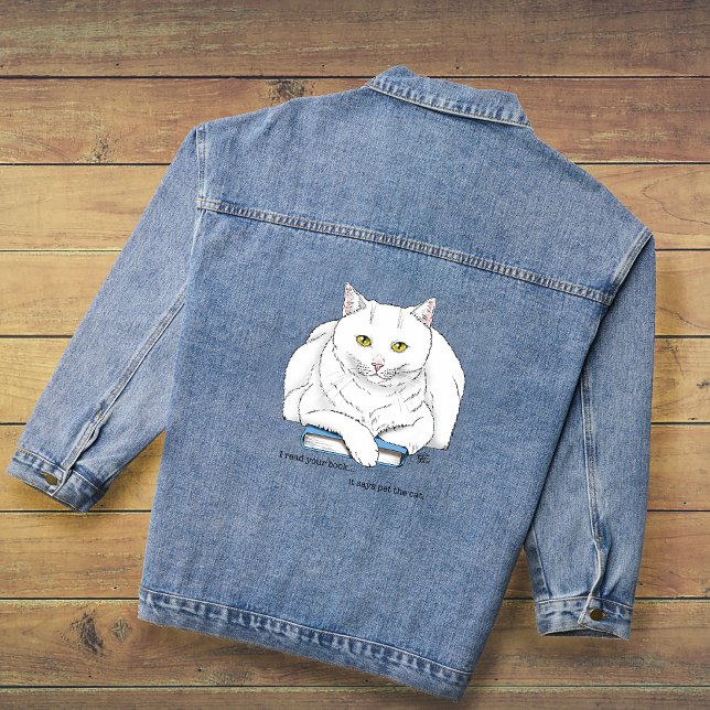 Funny White Cat Book Reading Humor Purple Denim Jacket (Creator Uploaded)