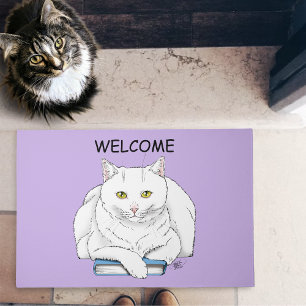 Funny White Cat Book Reading Humor Purple Doormat