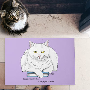 Funny White Cat Book Reading Humor Purple Doormat