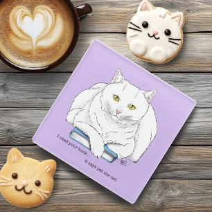 Funny White Cat Book Reading Humor Purple Glass Coaster