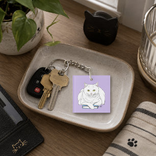 Funny White Cat Book Reading Humor Purple Keychain