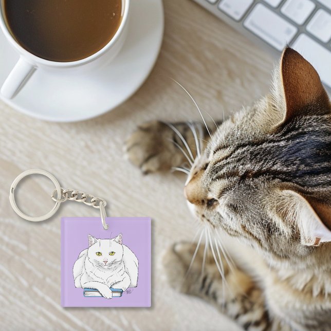 Funny White Cat Book Reading Humor Purple Keychain (Creator Uploaded)