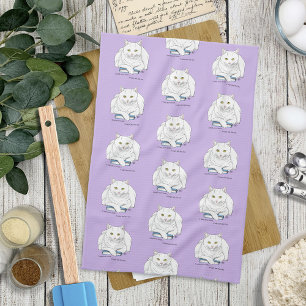 Funny White Cat Book Reading Humor Purple Kitchen Towel