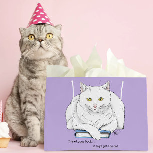 Funny White Cat Book Reading Humor Purple Large Gift Bag