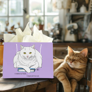 Funny White Cat Book Reading Humor Purple Large Gift Bag