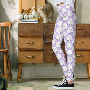 Funny White Cat Book Reading Humor Purple Leggings