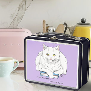 Funny White Cat Book Reading Humor Purple Metal Lunch Box