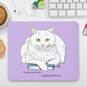 Funny White Cat Book Reading Humor Purple Mouse Pad