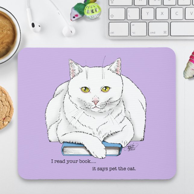 Funny White Cat Book Reading Humor Purple Mouse Pad (Creator Uploaded)