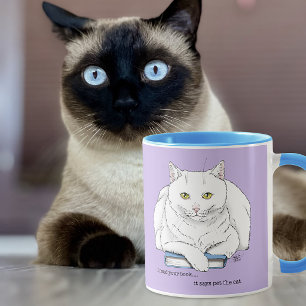Funny White Cat Book Reading Humor Purple Mug