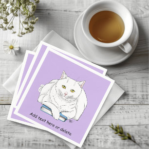 Funny White Cat Book Reading Humor Purple Napkins