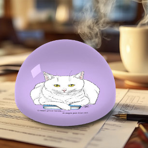 Funny White Cat Book Reading Humor Purple Paperweight