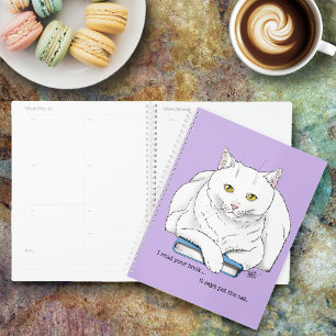 Funny White Cat Book Reading Humor Purple Planner