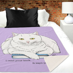 Funny White Cat Book Reading Humor Purple Sherpa Blanket