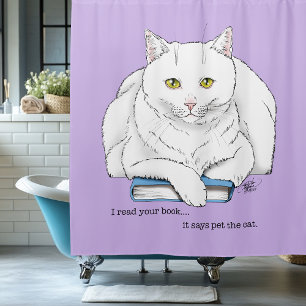 Funny White Cat Book Reading Humor Purple Shower Curtain