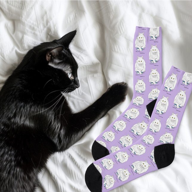 Funny White Cat Book Reading Humor Purple Socks (Creator Uploaded)