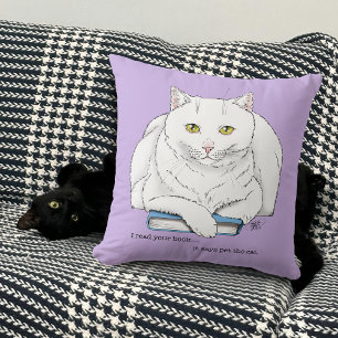 Funny White Cat Book Reading Humor Purple Throw Pillow