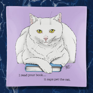 Funny White Cat Book Reading Humor Purple Trinket Tray