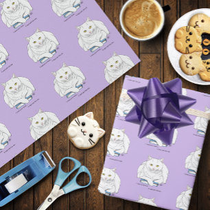 Funny White Cat Book Reading Humor Purple Wrapping Paper