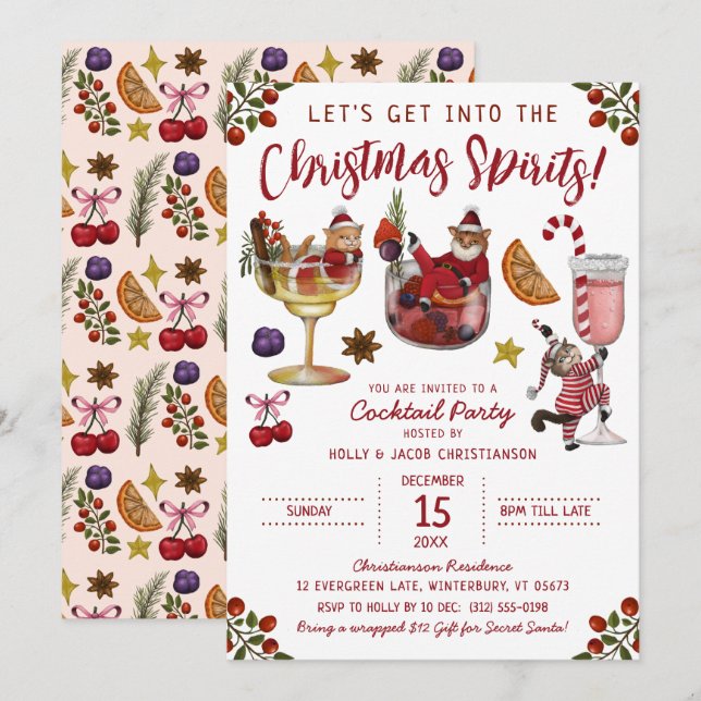 Funny White Cat Christmas Spirit Cocktail Party  Invitation (Front/Back)